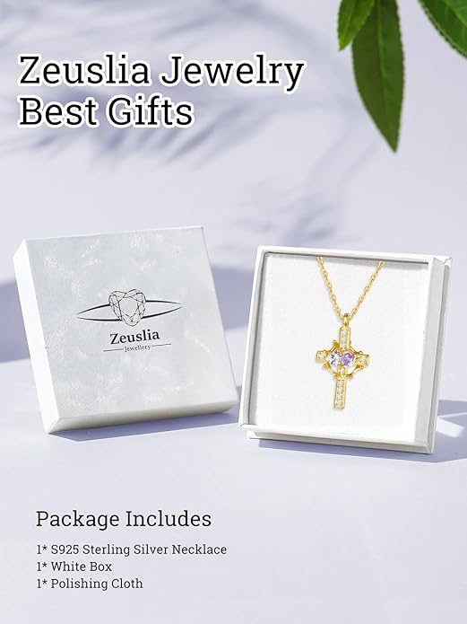 Zeuslia Double Birthstone Necklace Gifts for Wife - 925 Sterling Silver Sunflower/Rose/Crown Cross/Compass/Heart Pendant I Love You Necklace, Anniversary Birthday Gifts for Wife Girlfriend Mom Her