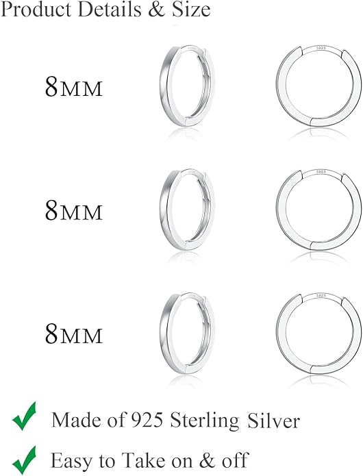 3 Pairs 925 Sterling Silver Hoop Earrings 14K White Gold Plated Small Silver Hoops Cartilage Huggie Earrings for Women Men