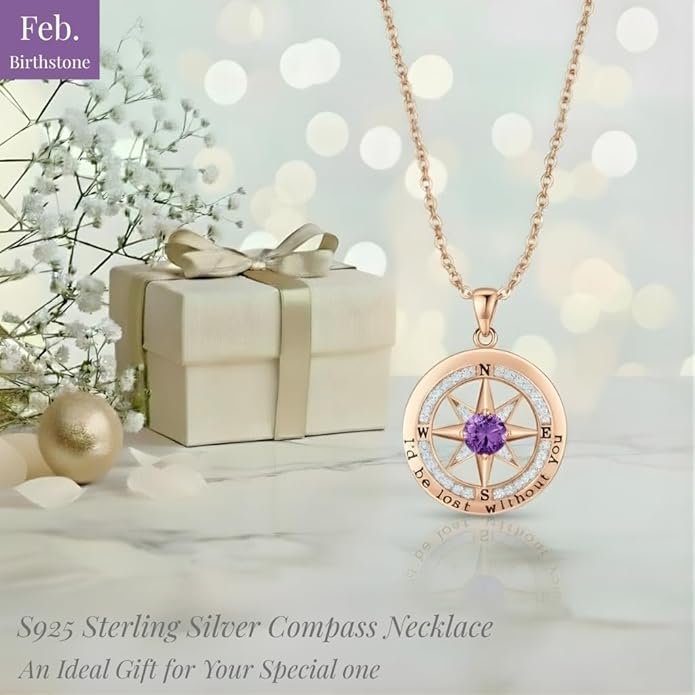 Compass Necklace for Women Wife Girlfriend Mom Daughter Gifts S925 Silver Jewelry For Anniversary Rose Gold Gifts For Birthday Christmas Mothers Valentines Day 12 Birthstones