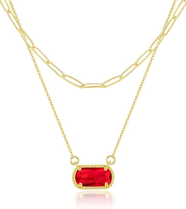 Lourny Gemstone Birthstone Pendant Layered Necklace for Women Trendy, 18K Gold Plated Paperclip Chain Preppy Choker Charm Necklace for Women Wife Jewelry