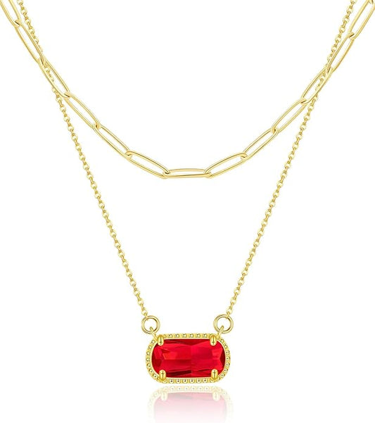 Lourny Gemstone Birthstone Pendant Layered Necklace for Women Trendy, 18K Gold Plated Paperclip Chain Preppy Choker Charm Necklace for Women Wife Jewelry