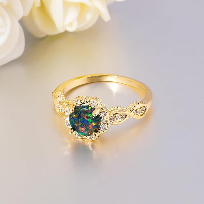 CiNily 18K Gold Plated Opal Ring-White Fire Opal & Amethyst & Cubic Zirconia Women Jewelry Gemstone Engagement Anniversary Ring Size 5-13