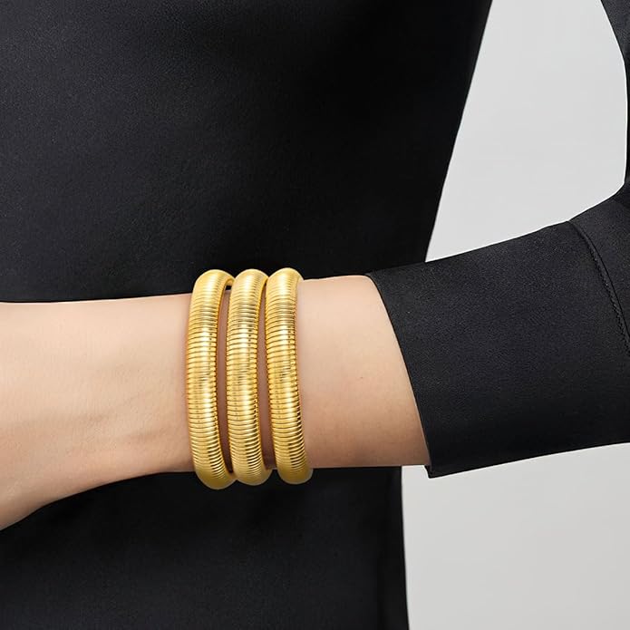 Emibele Gold Bangles Bracelet Set for Women, 18K Gold Plated Chunky Stainless Steel Non Tarnish Stretch Bracelet Stack, Flexible Wide Wristband Bangle Layered Snake Chain Bracelets