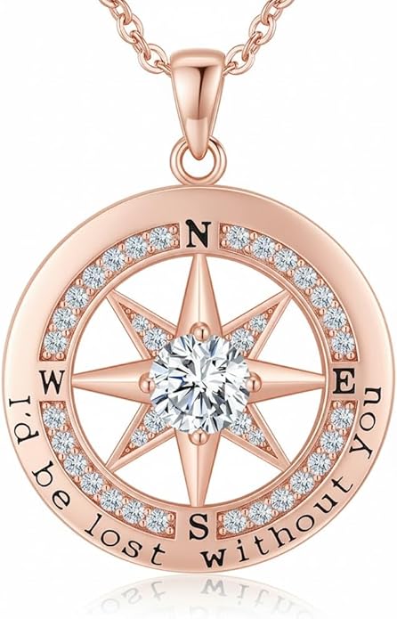 Compass Necklace for Women Wife Girlfriend Mom Daughter Gifts S925 Silver Jewelry For Anniversary Rose Gold Gifts For Birthday Christmas Mothers Valentines Day 12 Birthstones