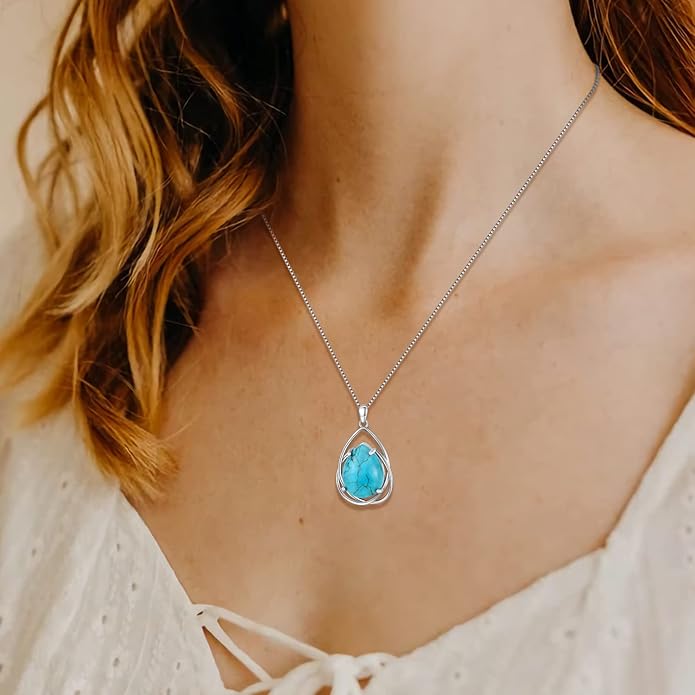 Teardrop Turquoise Pendant Necklace, 925 Sterling Silver December Birthstone Necklace Vintage Western Jewelry Gift for Women