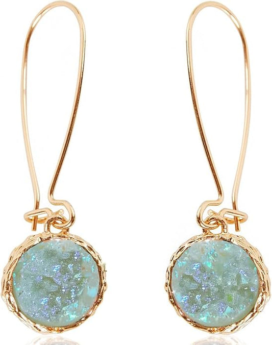 Simulated Druzy Threader Drop Earrings for Women - Gold, Silver, or Rose Gold Tone Trendy Boho Dangles with Sparkly Round Stone
