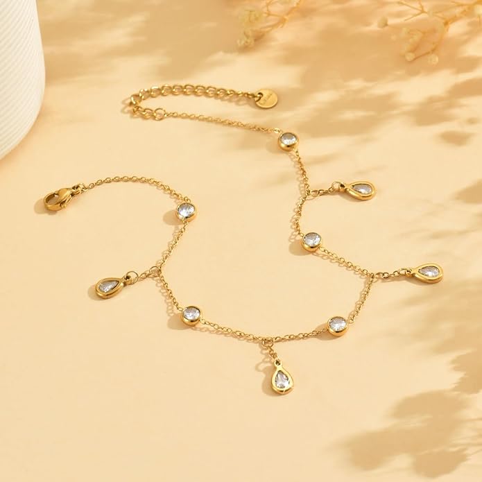 Anklet Bracelets for Women 18K Gold Plated Tennis Anklets Dainty Sapphire Paperclip Pearl Sequin Droplet Adjustable Large Anklet Bracelets Simple Beach Summer Waterproof Foot Jewelry