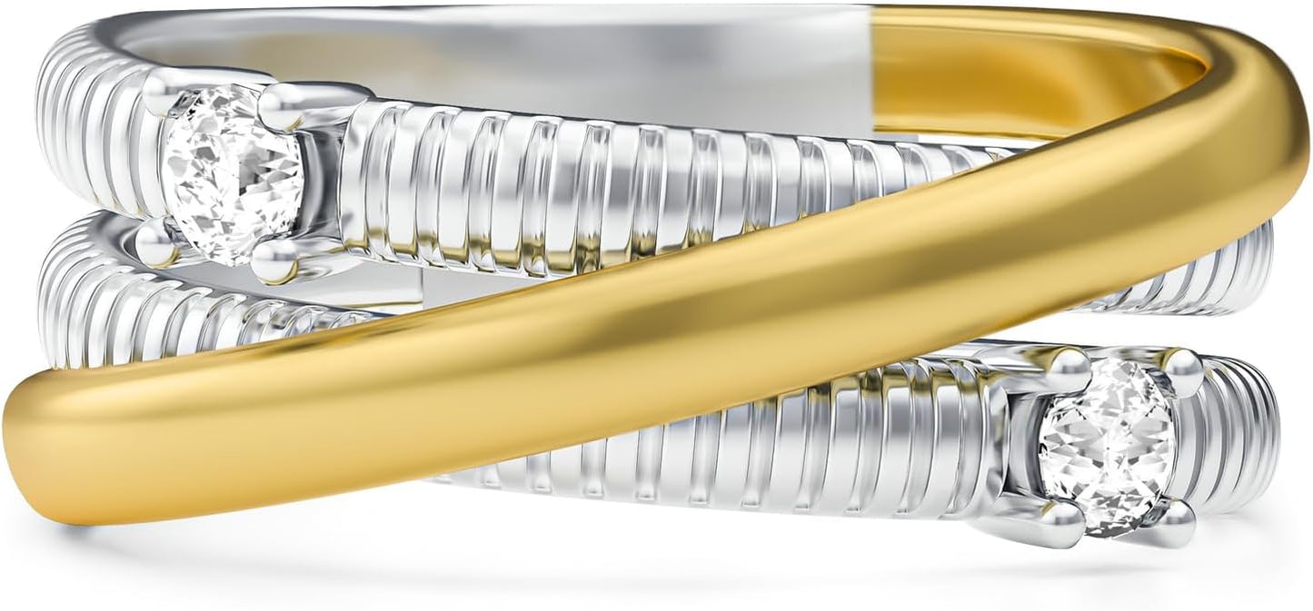 Two-Tone Wide Statement Ring for Women - Gold Silver Crossover Band with Ribbed Texture - Modern Fashion Jewelry Cocktail Ring - Mixed Metal Layered Design