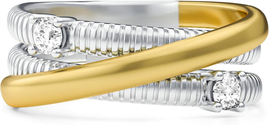 Two-Tone Wide Statement Ring for Women - Gold Silver Crossover Band with Ribbed Texture - Modern Fashion Jewelry Cocktail Ring - Mixed Metal Layered Design