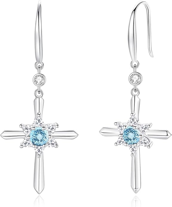 FANCIME Cross Dangle Drop Earrings 925 Sterling Silver Dainty Round Birthstone Earring Fine Jewelry Birthday Gifts for Her Women