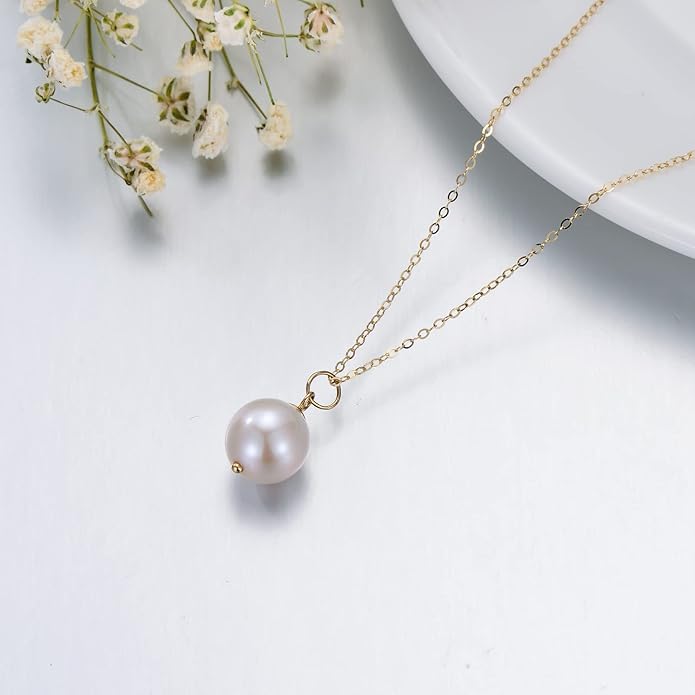14K Solid Gold Pearl Necklace for Women, Real Gold Freshwater Cultured Single Pearl Pendant Anniversary Jewelry Gifts for Her, Wife, Mom 16"-18"