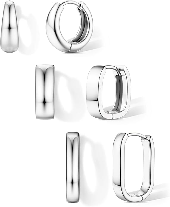 Florideco 3Pairs Chunky Gold Earrings Set 14K Gold Plated Hoop Earrings for Women Trendy Small Thick Huggie Hoops Earring Lightweight Silver Hoop Earring Sets for Multiple Piercing