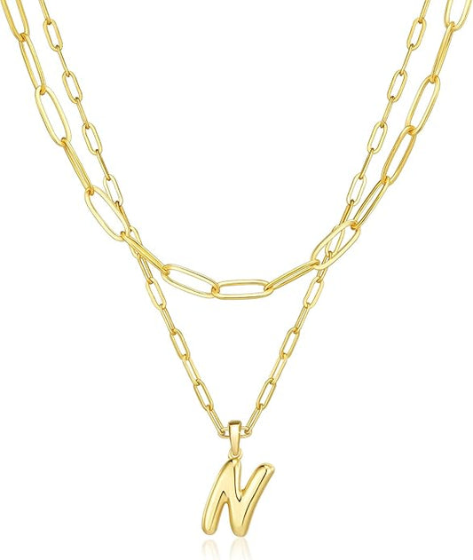 adoyi Gold Necklace for Women Layered Bubble Heart Letter Initial Necklaces for Women Trendy Jewelry 14K Gold Plated Chain Chunky Name Necklace Stack Charm A-Z Pendant Set Jewelry Gifts