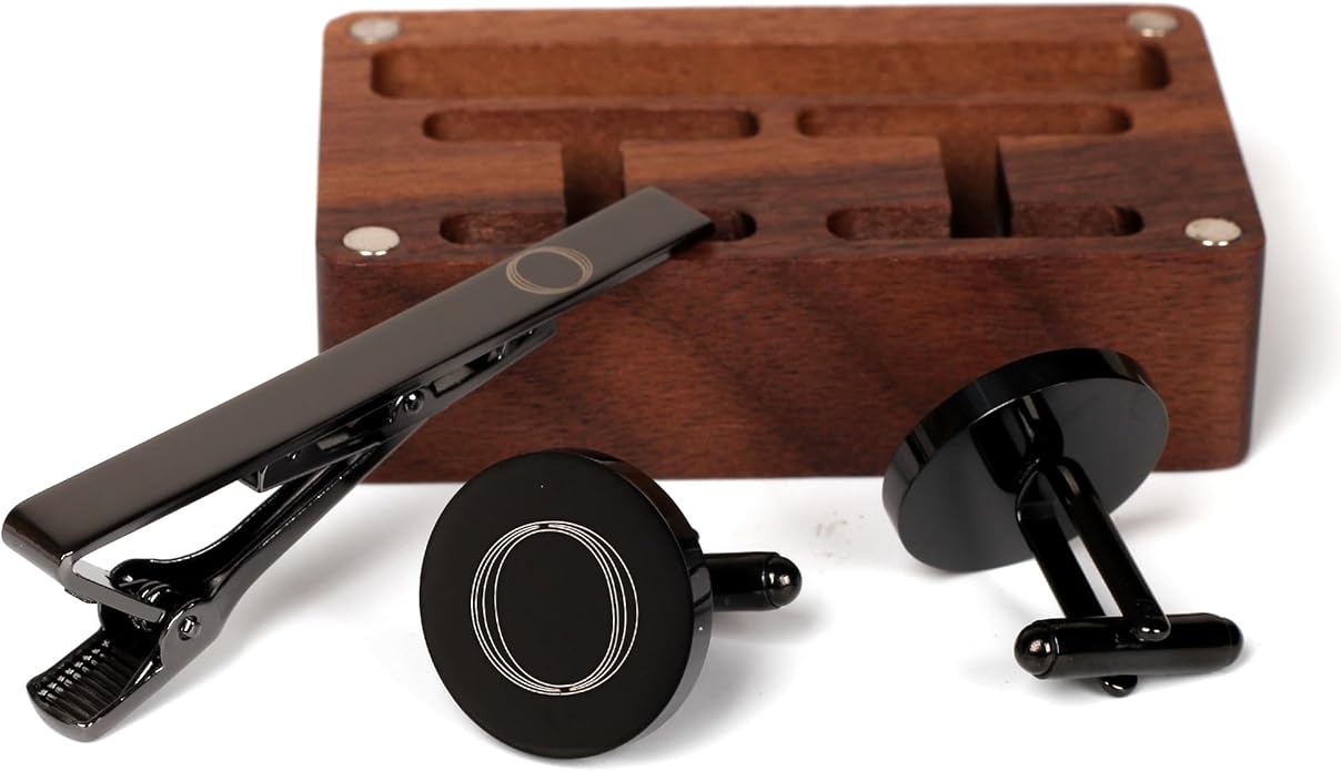 Mens Initial Cufflinks and Tie Clip A-Z Alphabet Letter Black Stainless Cuff Links Tie Bar with Engraved Walnut Wood Box Groom Groomsman Wedding Set