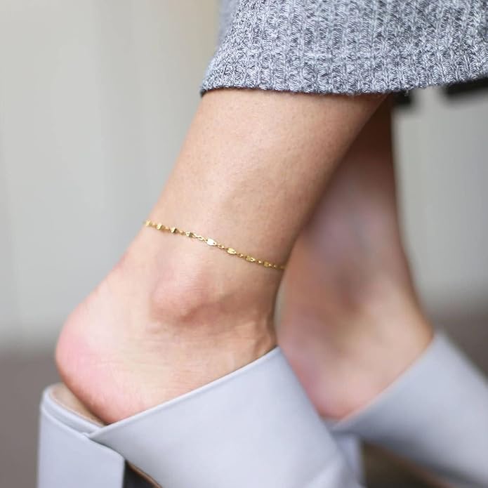 Dainty Ankle Bracelets for Women 18K Gold Plated Satellite Beaded Herringbone Chain Anklets Simple Lip Chain Anklet Minimalist Summer Beach Foot Jewelry Christmas