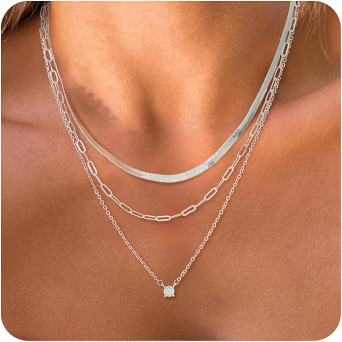 Layered Gold Necklace for Women Dainty 14K Gold/Silver Plated Stacked Necklace for Women Trendy Cuban Paperclip Herringbone Chain Diamond Pendant Necklaces Jewelry Set Accessories Gift