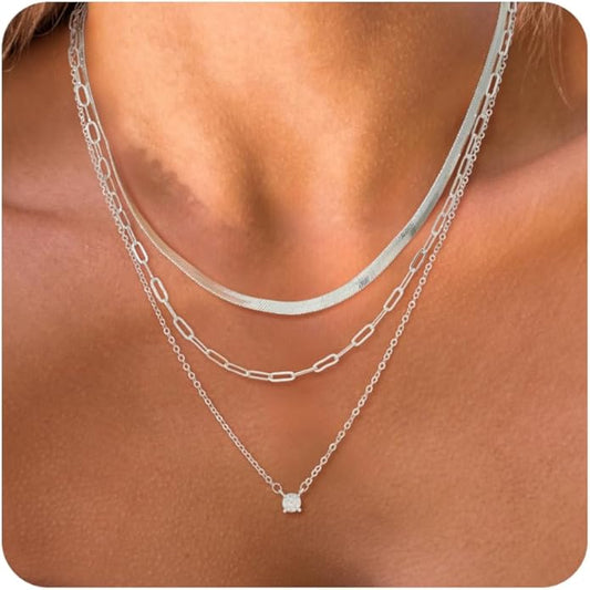 Layered Gold Necklace for Women Dainty 14K Gold/Silver Plated Stacked Necklace for Women Trendy Cuban Paperclip Herringbone Chain Diamond Pendant Necklaces Jewelry Set Accessories Gift