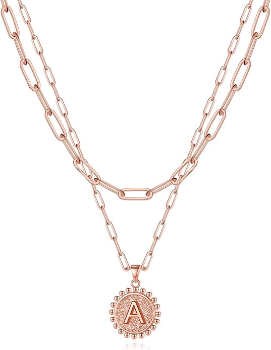 Yoosteel Gold Initial Necklaces for Women, 14K Gold Plated Dainty Layering Paperclip Link Chain Necklace Coin Initial Layered Necklaces for Women Personalized Birthday Gifts