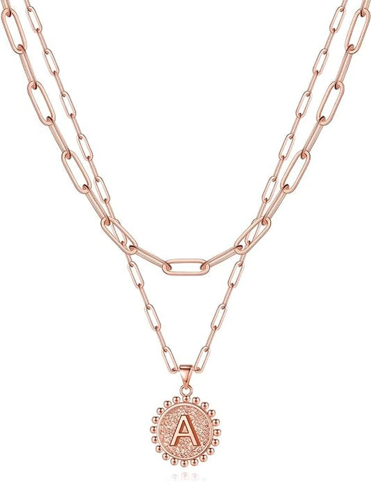 Yoosteel Gold Initial Necklaces for Women, 14K Gold Plated Dainty Layering Paperclip Link Chain Necklace Coin Initial Layered Necklaces for Women Personalized Birthday Gifts