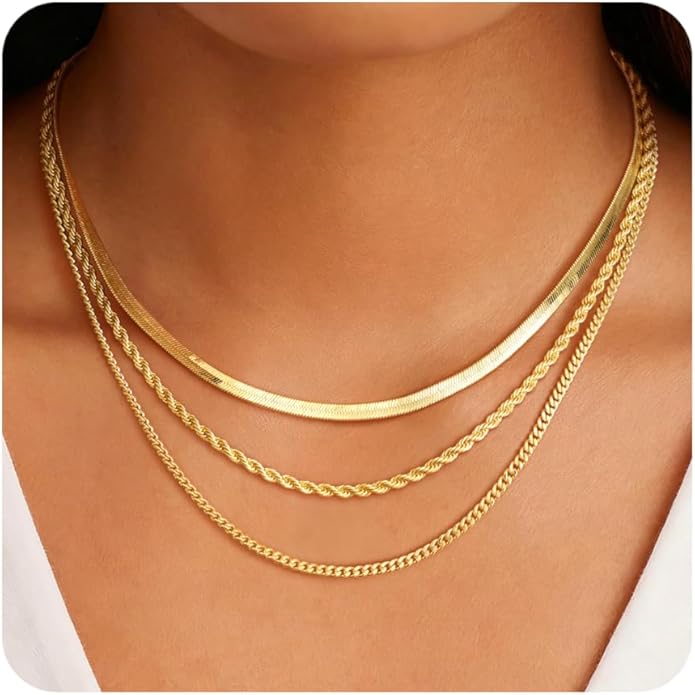 Layered Gold Necklace for Women Dainty 14K Gold/Silver Plated Stacked Necklace for Women Trendy Cuban Paperclip Herringbone Chain Diamond Pendant Necklaces Jewelry Set Accessories Gift