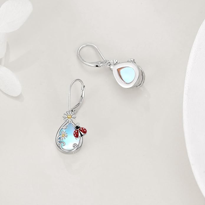 AOBOCO Butterfly/Dragonfly/Bee/Ladybug Leverback Earrings 925 Sterling Silver Rose Lotus Tulip Flower Filigree Dangle Earrings Teardrop Moonstone Larimar Turquoise Abalone Shell Jewelry Birthday Gifts for Women