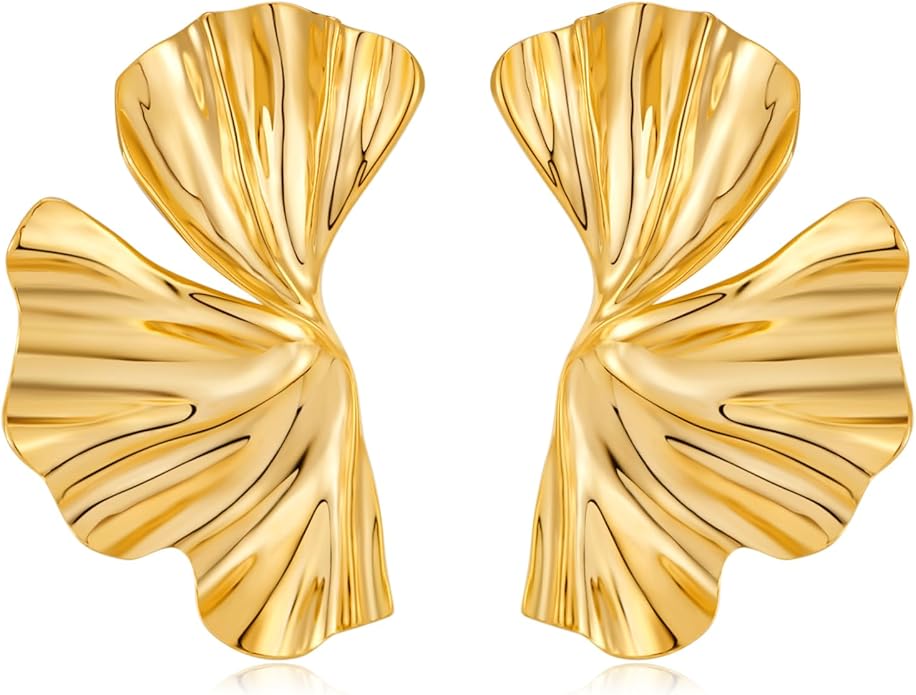 Chunky Gold Statement Earrings For Women Gold Plated Sectored Flower Leaf Shell Angel Wing Earrings Large Stud Earrings Hypoallergenic Earrings