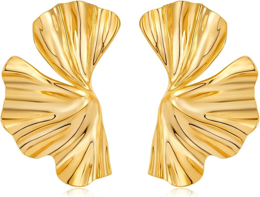 Chunky Gold Statement Earrings For Women Gold Plated Sectored Flower Leaf Shell Angel Wing Earrings Large Stud Earrings Hypoallergenic Earrings
