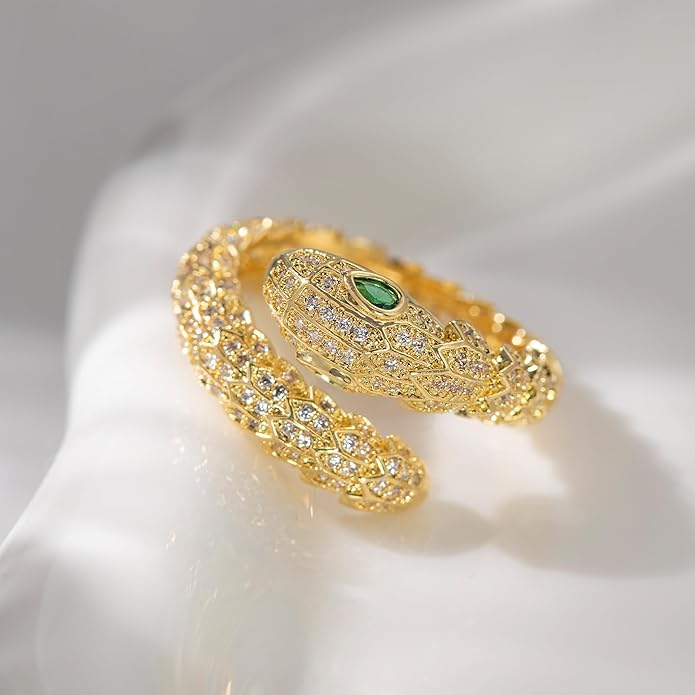 Aura & lrena Adjustable Snake Rings for Wome, 18K Gold or Platinum Plating Open-Ended Ring with AAA Cubic Zirconia Fashion Jewelry, Statement Gift Design Rings for Men and Women Non Tarnish