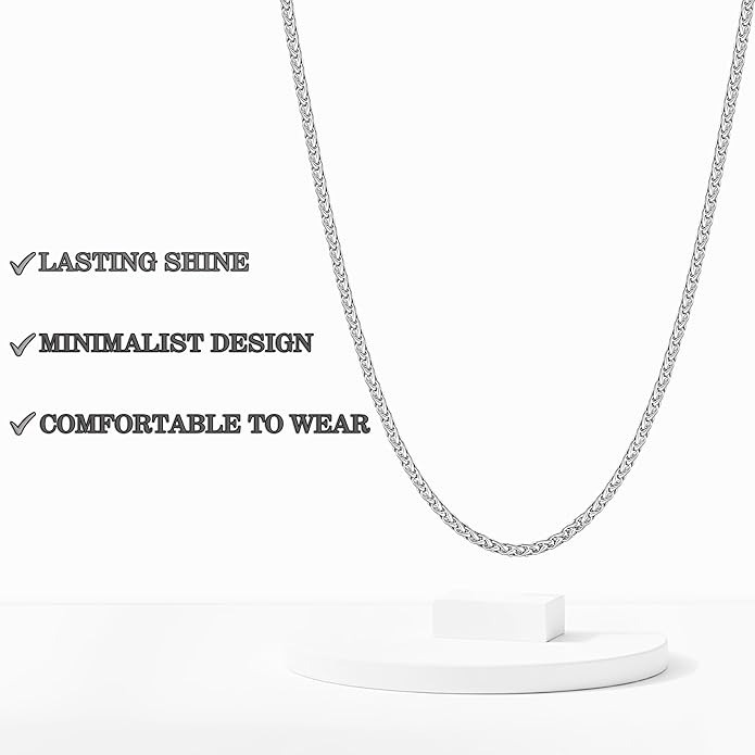 sovesi Wheat Necklace Chain for Men, Silver Plated Stainless Steel Necklace, 2.5/3mm Width Chain for Men and Women, 16-28 Inches Length Gift Jewelry