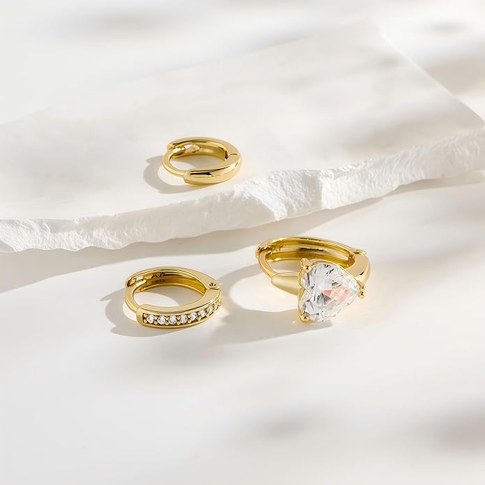 3Pairs Small Gold Huggie Hoop Earrings for Women,Romantic heart,Twisted braid two colors,3 CZ Hoop,5 Round Zircon Sport Hoops Earrings Set,14K Gold Filled Silver Hypoallergenic Earring Excellent gift