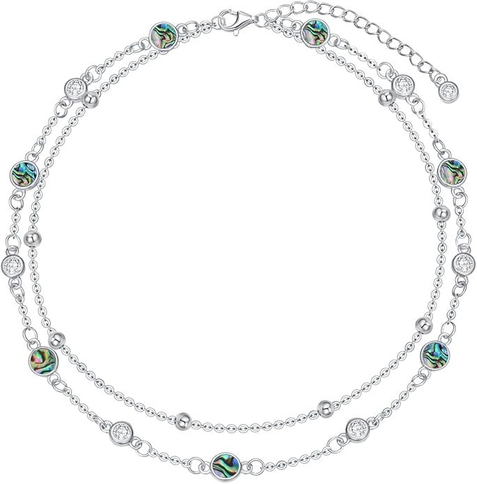 Anklets for Women 925 Sterling Silver Natural Stone Layered Anklet Beach Summer Fine Jewelry Birthday Christmas Gifts for Women Her Mom