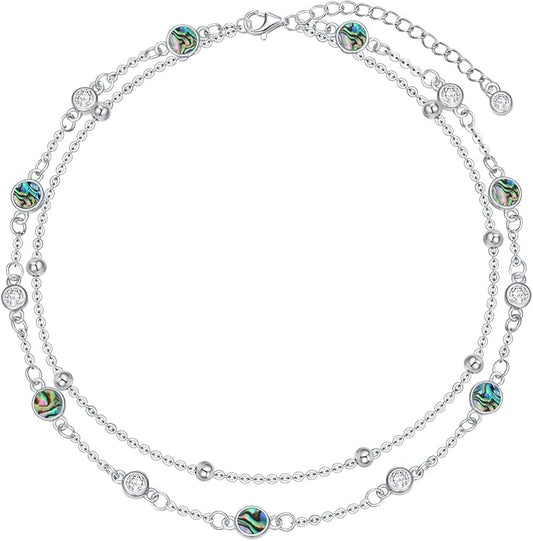 Anklets for Women 925 Sterling Silver Natural Stone Layered Anklet Beach Summer Fine Jewelry Birthday Christmas Gifts for Women Her Mom