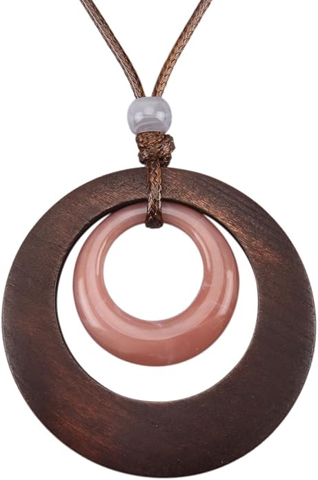 Long Boho Necklaces for Women Vintage Leather Wooden Pendant Y Choker Ethnic Style Gold Circle Hippie Sweater Necklace