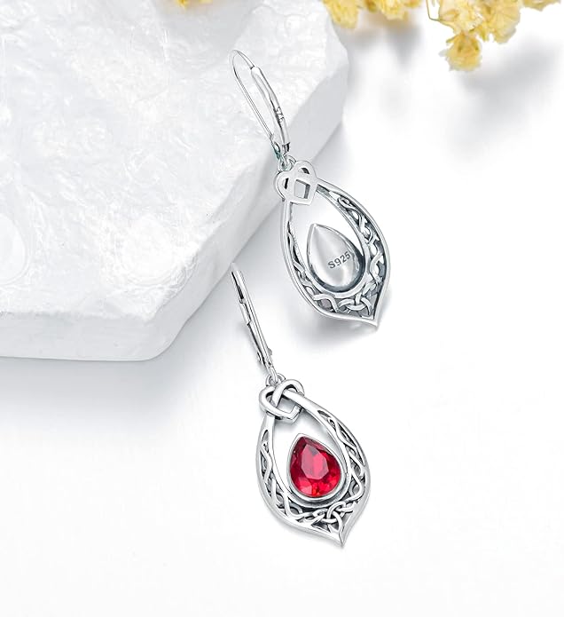Celtic Knot Dangle Earrings 925 Sterling Silver Oxidized Vintage Drop Leverback Earrings with 8 * 6mm Simulated Birthstone Crystal Christmas Jewelry Gifts for Women (Gift Box)