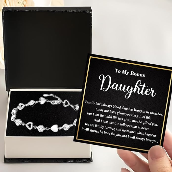 To My Bonus Daughter Heart Bracelet Gift, Beautiful Bonus Daughter Jewelry From Step Mom Dad With Message Card and Box Meaning, Christmas Graduation Birthday Gifts, To My Stepdaughter Bracelet