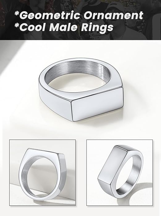 Bestyle Stainless Steel Signet Ring for Men Women in Gold/Black/Silver/Vintage Gray Tone, Chunky Thick Heavy Dome Band Ring Cool Finger Ring, Gift for Dad Husband, Size 7-14 Customizable