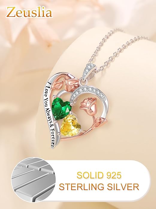 Zeuslia Double Birthstone Necklace Gifts for Wife - 925 Sterling Silver Sunflower/Rose/Crown Cross/Compass/Heart Pendant I Love You Necklace, Anniversary Birthday Gifts for Wife Girlfriend Mom Her