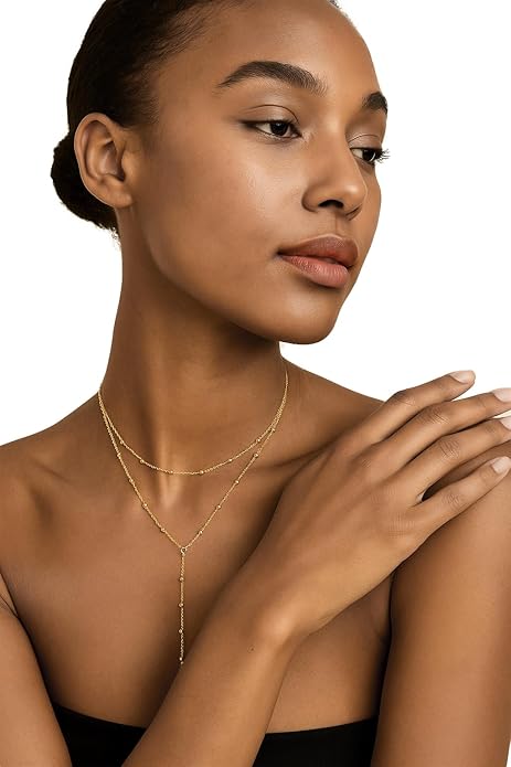 14K Gold Plated Y Necklace for Women – Dainty Lariat Long Pendant Chain, Layered Drop Necklace for V Neck Dress, Simple Sexy Cleavage Jewelry Gifts for Women
