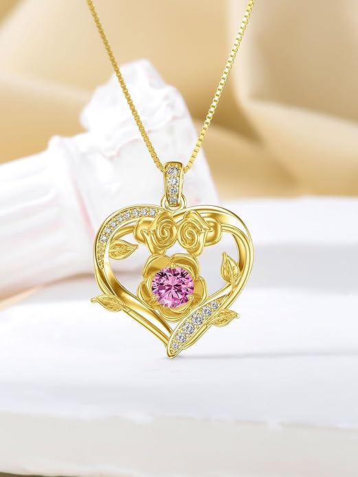 Midari 18K Gold Heart Birthstone Necklace for Women Rose Pendant Birthday Jewelry Gifts for Wife Her Daughter Mom