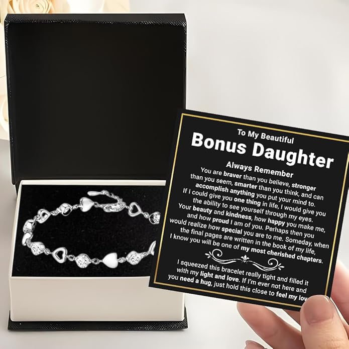To My Bonus Daughter Heart Bracelet Gift, Beautiful Bonus Daughter Jewelry From Step Mom Dad With Message Card and Box Meaning, Christmas Graduation Birthday Gifts, To My Stepdaughter Bracelet