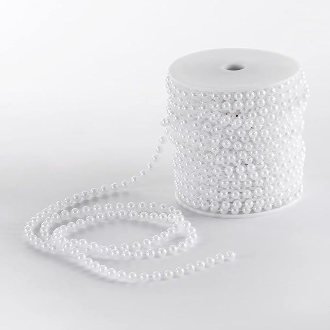 Craft String Pearls 6MM Pearl Bead, 66 Feet White Faux Pearl Garland Spool Roll Strand Wedding Party Decoration, Christmas Tree Decorations