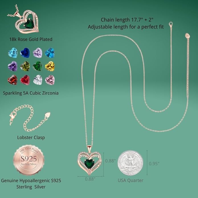 Birthstone Heart Necklace for Women Wife Girlfriend Mom Daughter Gifts S925 Silver Jewelry For Anniversary Rose Gold Gifts For Birthday Christmas Mothers Valentines Day