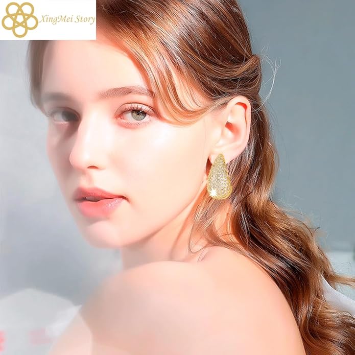 XingMei Story Gold Crystal Chunky Hoop Earrings - Sparkly Rhinestone Teardrop Design with 925 Sterling Silver Posts - Trendy Jewelry for Women, Perfect for Special Occasions (1pair)