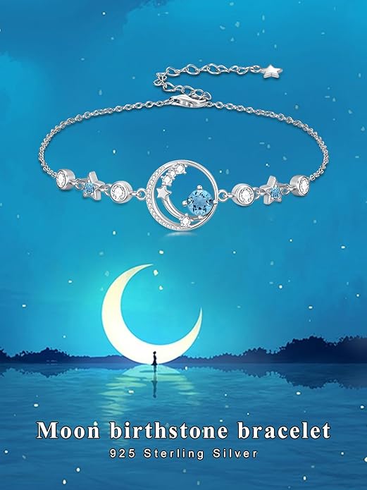Moon and Star Birthstone Charm Link Bracelet 925 Sterling Silver Moon and Star Bracelet with 12 Months Birthstone Birthday Jewelry Gifts for Women Mom Her,Chain Length 7"+2" Extend