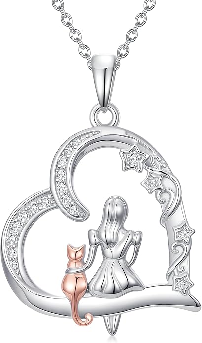 Cat Gifts for Women 925 Sterling Silver Heart Moon Cat Necklace Pendant Women Jewelry Halloween Christmas Gifts