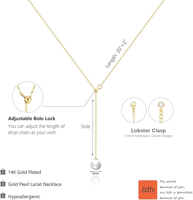 Zeffy Lariat Gold Necklace for Women, Dainty Long Necklace 14k Gold/Silver Plated Layered CZ Beaded Bar Chain Y-Shaped Body Chain Stack Drop Wedding Necklace Trendy Simple Gold Jewelry Gifts