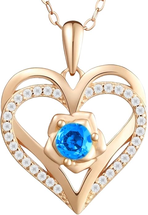 Birthstone Pendant Necklace for Women, Heart Jewelry with Rose Flower Birthday Gift Idea for Wife Girlfriend Mom Friendship on Valentine‘s Day Anniversary Christmas Wedding, 925 Sterling Silver