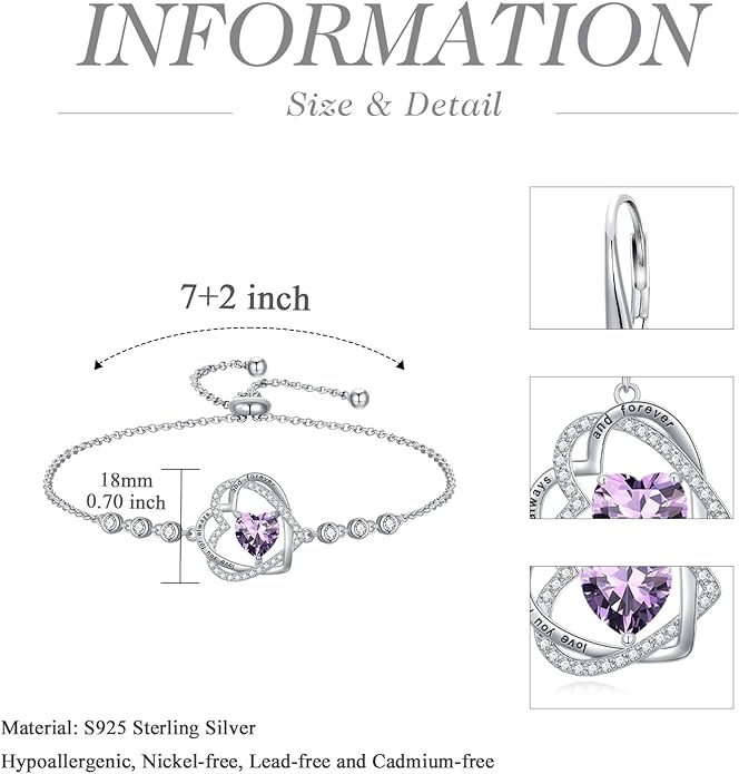 TOUPOP Heart Birthstone Bracelet 925 Sterling Silver Double Heart Bracelet Love You for Always and Forever Jewelry Anniversary Birthday Christmas Gifts for Women Wife Her