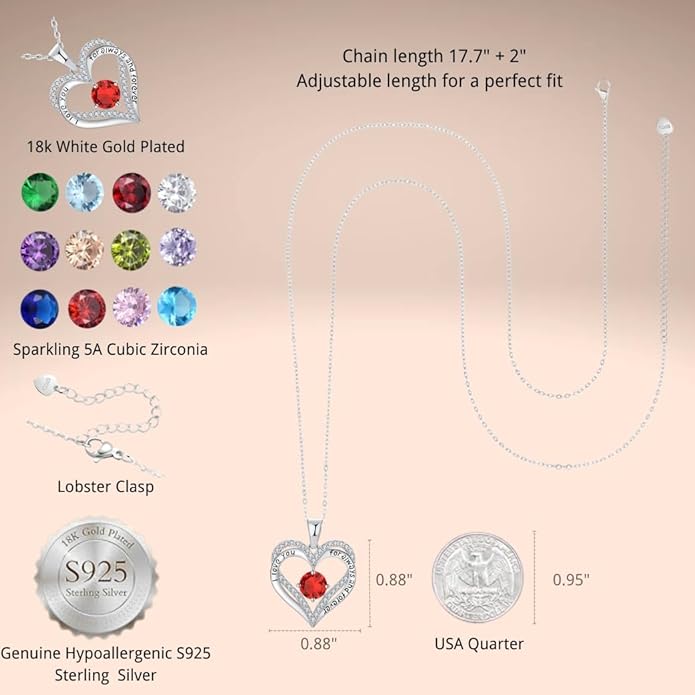 Birthstone Heart Necklace for Women Wife Girlfriend Mom Daughter Gifts S925 Silver Jewelry For Anniversary Rose Gold Gifts For Birthday Christmas Mothers Valentines Day