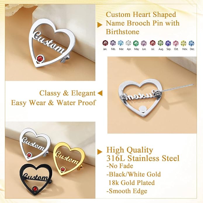 Custom4U Custom Name Pin Personalized Brooch Pins for Women Men Stainless Steel Name Tag with Letters/Initials - Silver/Gold/RoseGold/Black Customized Jewelry Gifts for Birthday Wedding Business Party